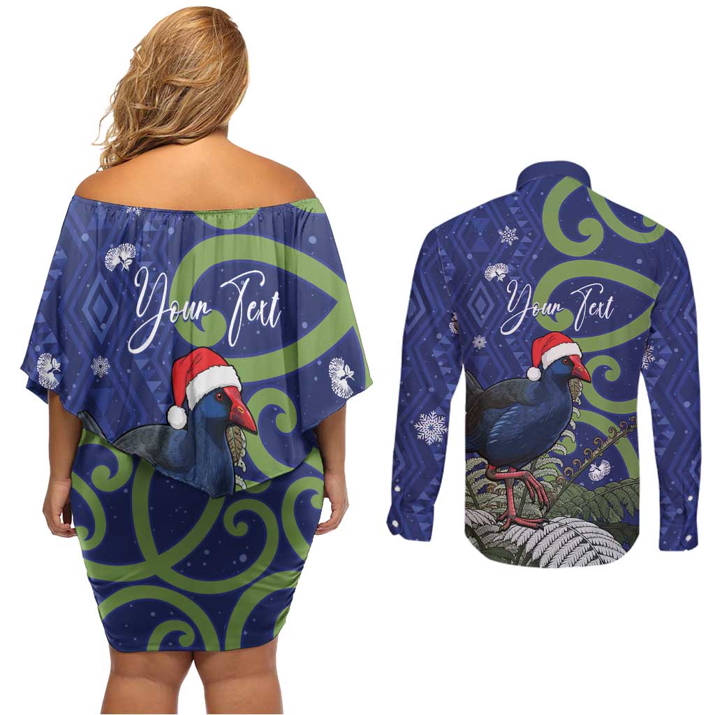 Personalized New Zealand Pukeko Christmas Couples Matching Off Shoulder Short Dress and Long Sleeve Button Shirt Meri Kirihimete Taniko Ponga Koru Blue - Polynesian Pride