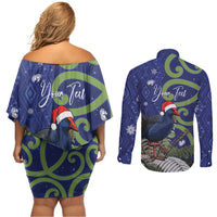 Personalized New Zealand Pukeko Christmas Couples Matching Off Shoulder Short Dress and Long Sleeve Button Shirt Meri Kirihimete Taniko Ponga Koru Blue - Polynesian Pride