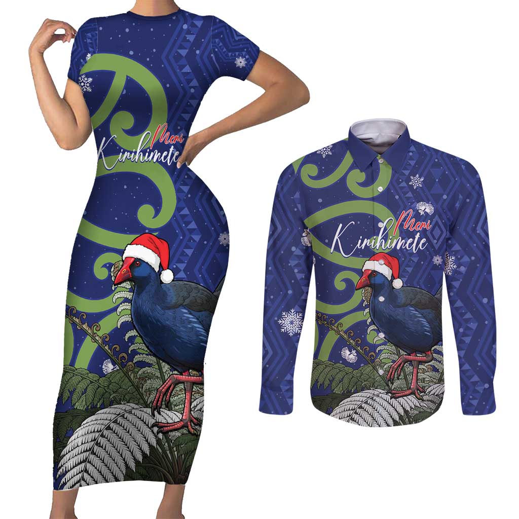 Personalized New Zealand Pukeko Christmas Couples Matching Short Sleeve Bodycon Dress and Long Sleeve Button Shirt Meri Kirihimete Taniko Ponga Koru Blue - Polynesian Pride