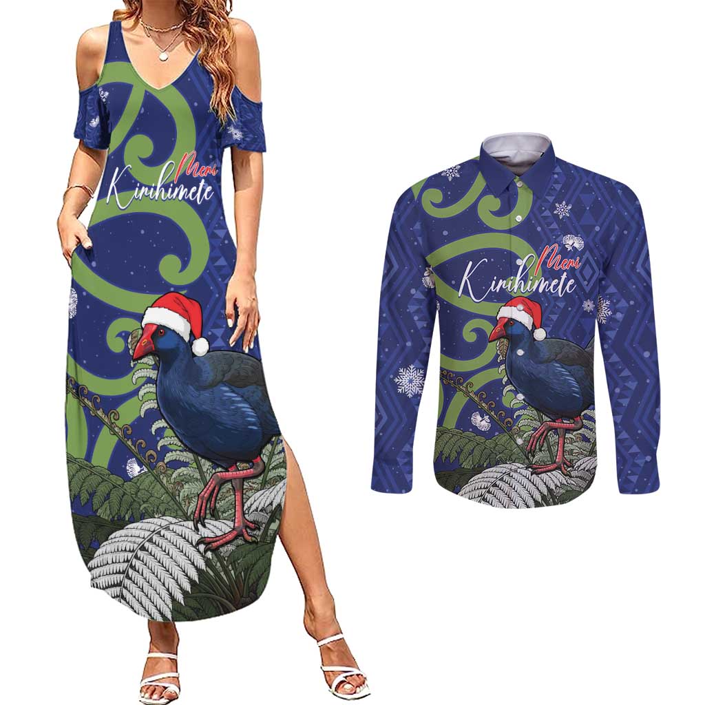 Personalized New Zealand Pukeko Christmas Couples Matching Summer Maxi Dress and Long Sleeve Button Shirt Meri Kirihimete Taniko Ponga Koru Blue - Polynesian Pride