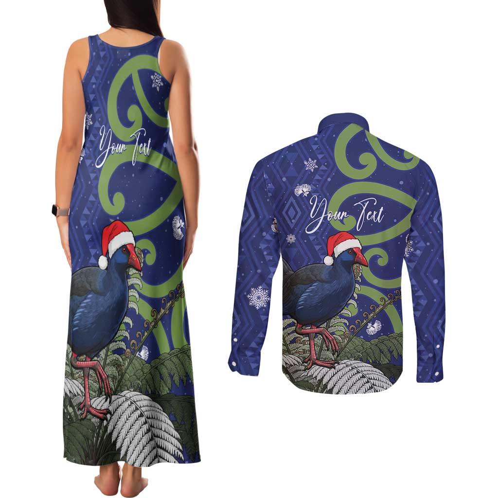 Personalized New Zealand Pukeko Christmas Couples Matching Tank Maxi Dress and Long Sleeve Button Shirt Meri Kirihimete Taniko Ponga Koru Blue - Polynesian Pride