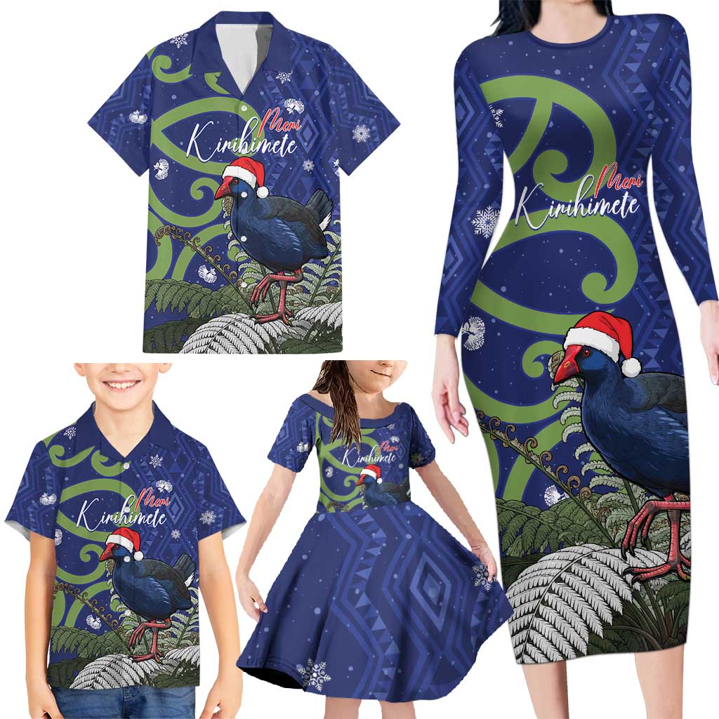 Personalized New Zealand Pukeko Christmas Family Matching Long Sleeve Bodycon Dress and Hawaiian Shirt Meri Kirihimete Taniko Ponga Koru Blue - Polynesian Pride