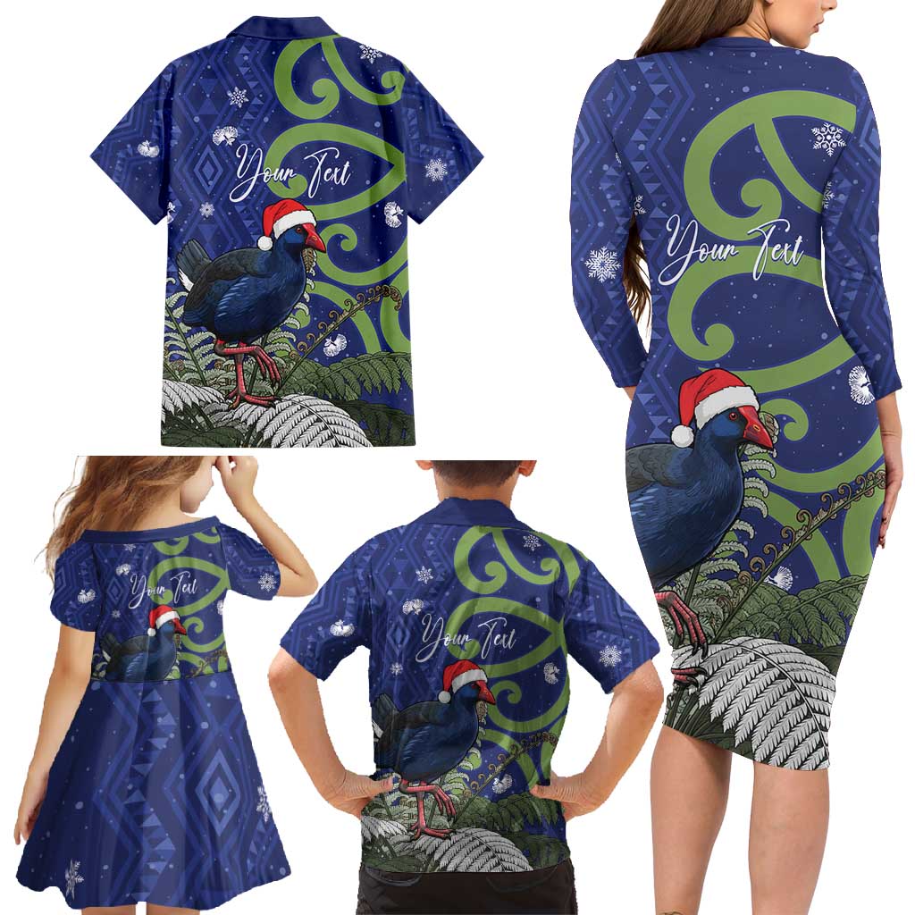 Personalized New Zealand Pukeko Christmas Family Matching Long Sleeve Bodycon Dress and Hawaiian Shirt Meri Kirihimete Taniko Ponga Koru Blue - Polynesian Pride