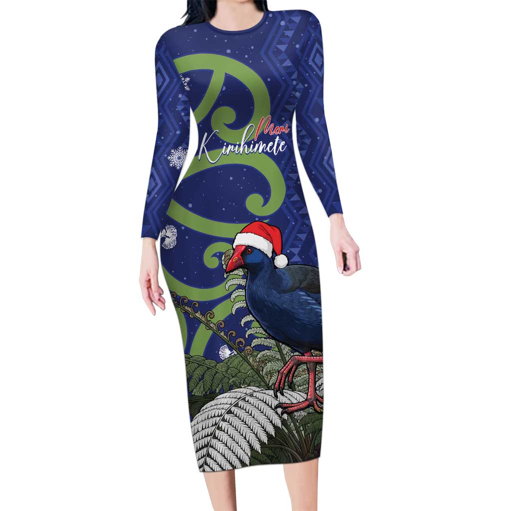 Personalized New Zealand Pukeko Christmas Family Matching Long Sleeve Bodycon Dress and Hawaiian Shirt Meri Kirihimete Taniko Ponga Koru Blue - Polynesian Pride