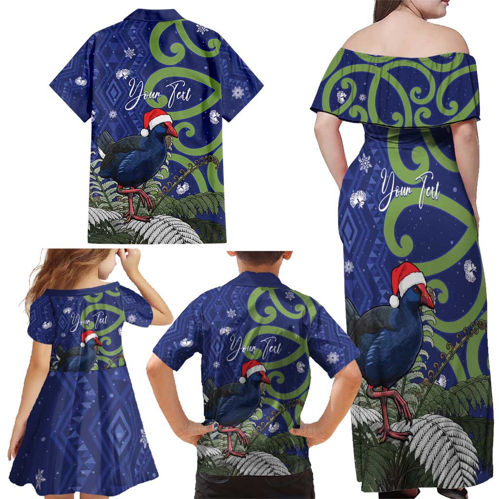 Personalized New Zealand Pukeko Christmas Family Matching Off Shoulder Maxi Dress and Hawaiian Shirt Meri Kirihimete Taniko Ponga Koru Blue - Polynesian Pride