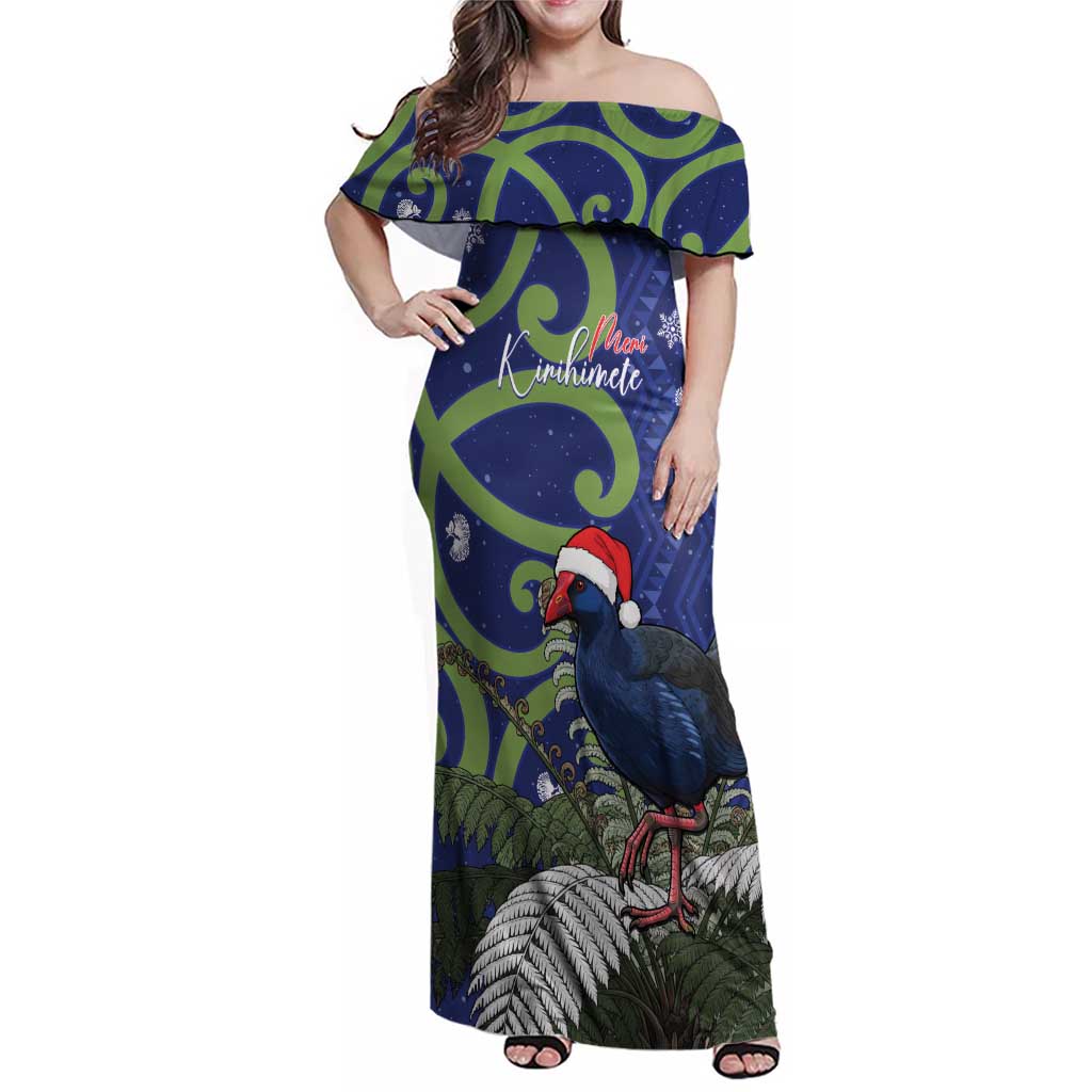 Personalized New Zealand Pukeko Christmas Family Matching Off Shoulder Maxi Dress and Hawaiian Shirt Meri Kirihimete Taniko Ponga Koru Blue - Polynesian Pride