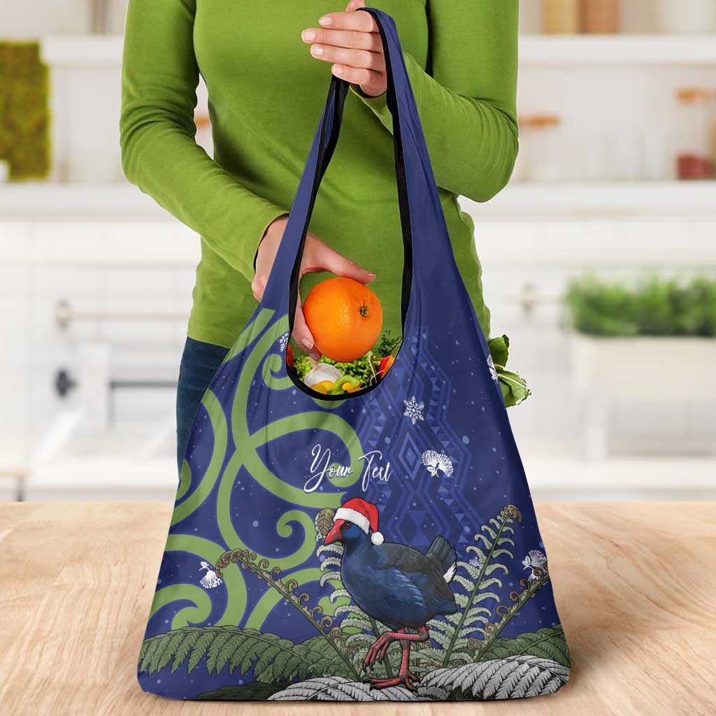 Personalized New Zealand Pukeko Christmas Grocery Bag Meri Kirihimete Taniko Ponga Koru Blue - Polynesian Pride
