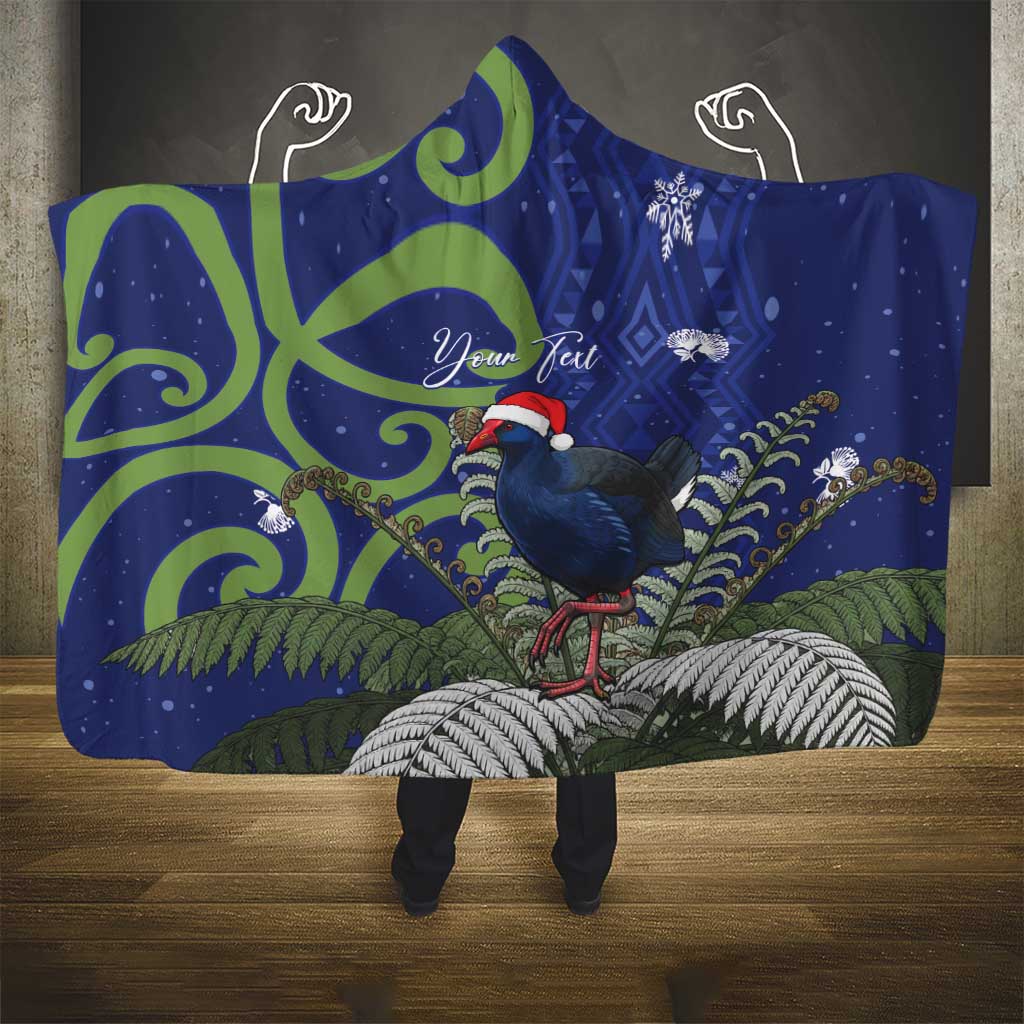 Personalized New Zealand Pukeko Christmas Hooded Blanket Meri Kirihimete Taniko Ponga Koru Blue - Polynesian Pride