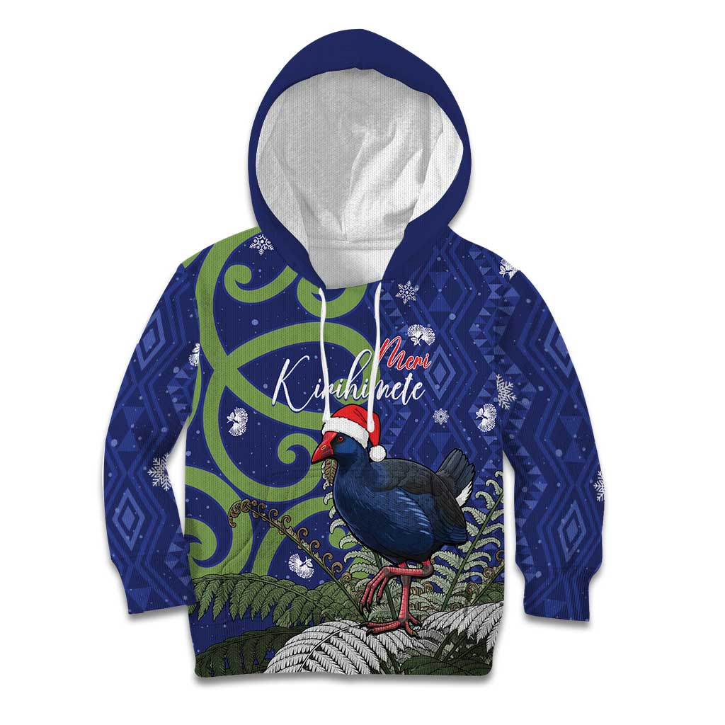 Personalized New Zealand Pukeko Christmas Kid Hoodie Meri Kirihimete Taniko Ponga Koru Blue - Polynesian Pride