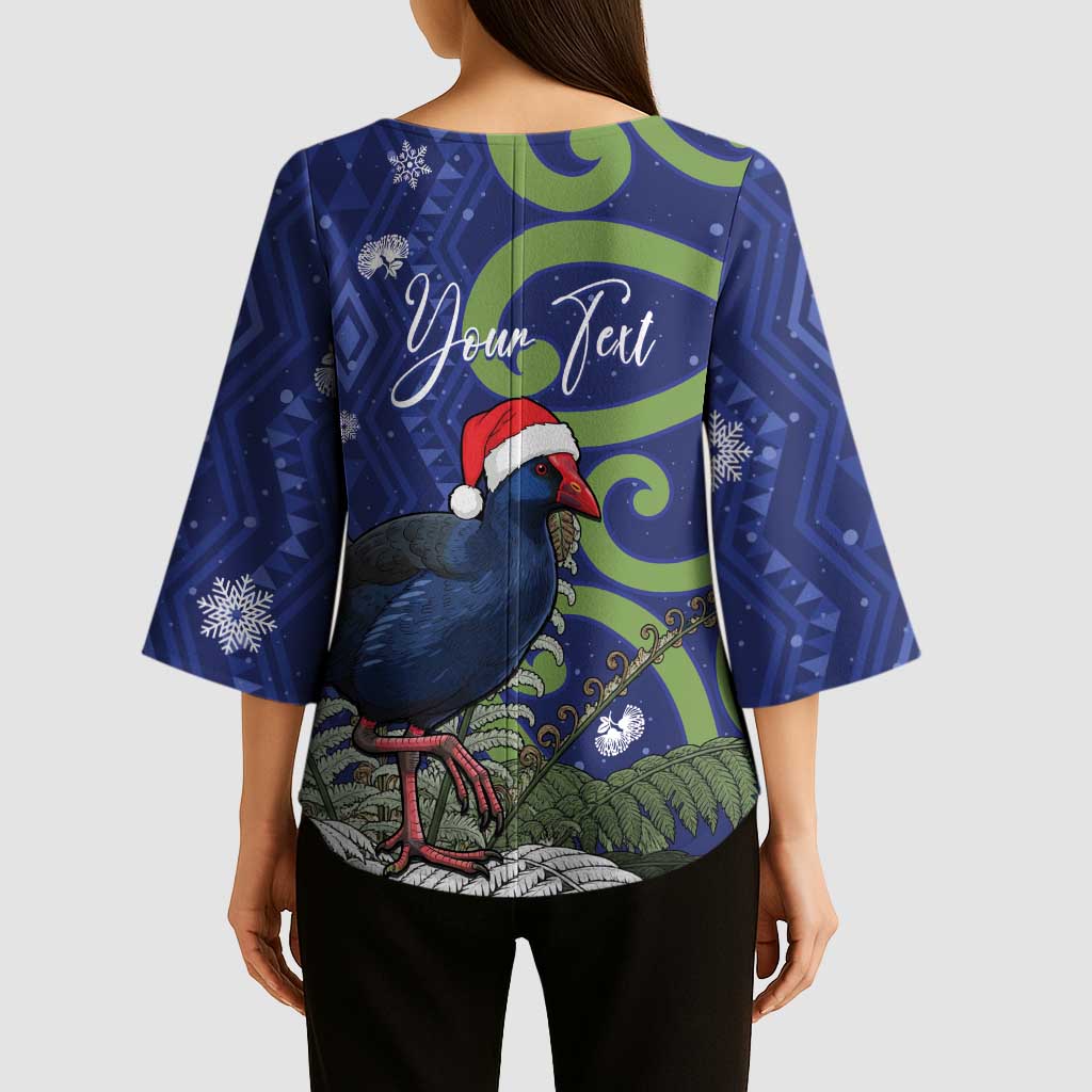 Personalized New Zealand Pukeko Christmas Kimono Sleeve Blouse Meri Kirihimete Taniko Ponga Koru Blue - Polynesian Pride