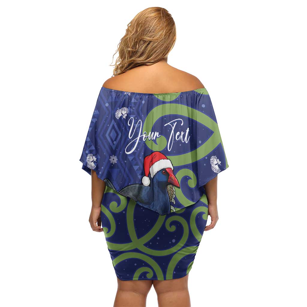 Personalized New Zealand Pukeko Christmas Off Shoulder Short Dress Meri Kirihimete Taniko Ponga Koru Blue - Polynesian Pride