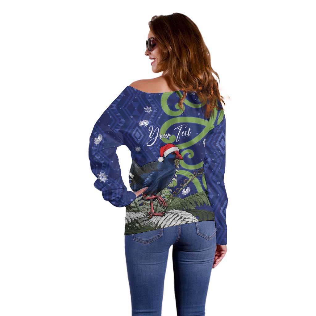 Personalized New Zealand Pukeko Christmas Off Shoulder Sweater Meri Kirihimete Taniko Ponga Koru Blue - Polynesian Pride