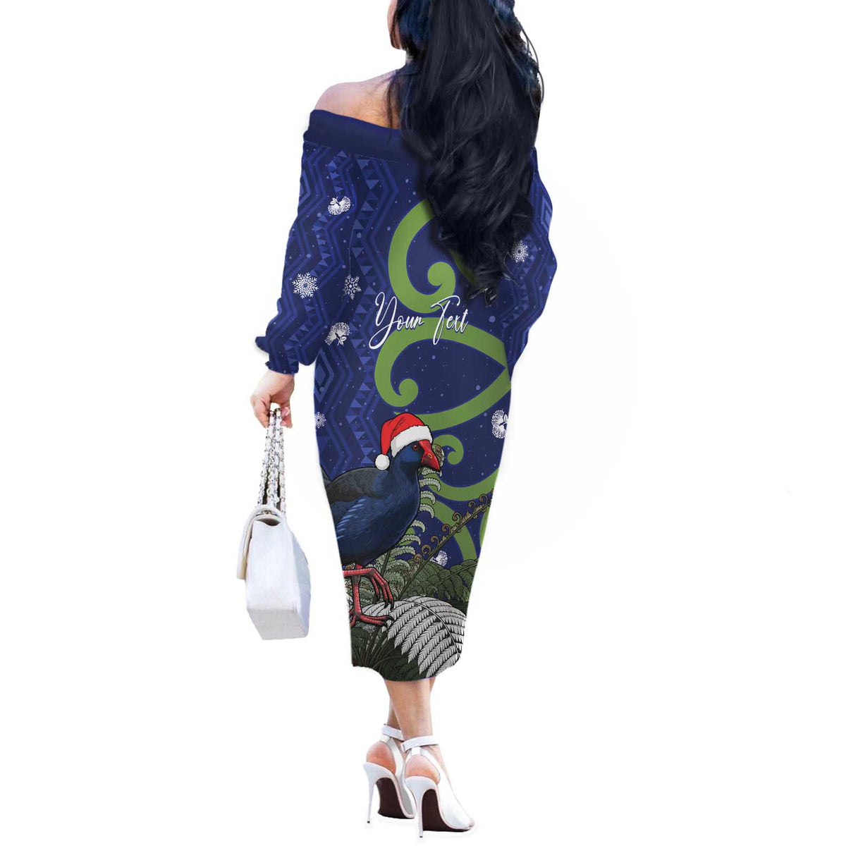 Personalized New Zealand Pukeko Christmas Off The Shoulder Long Sleeve Dress Meri Kirihimete Taniko Ponga Koru Blue - Polynesian Pride