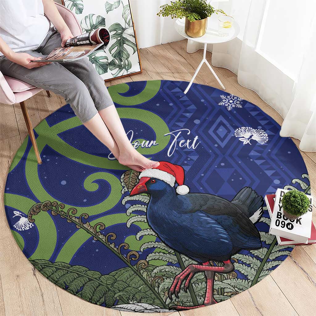 Personalized New Zealand Pukeko Christmas Round Carpet Meri Kirihimete Taniko Ponga Koru Blue - Polynesian Pride