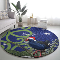 Personalized New Zealand Pukeko Christmas Round Carpet Meri Kirihimete Taniko Ponga Koru Blue - Polynesian Pride