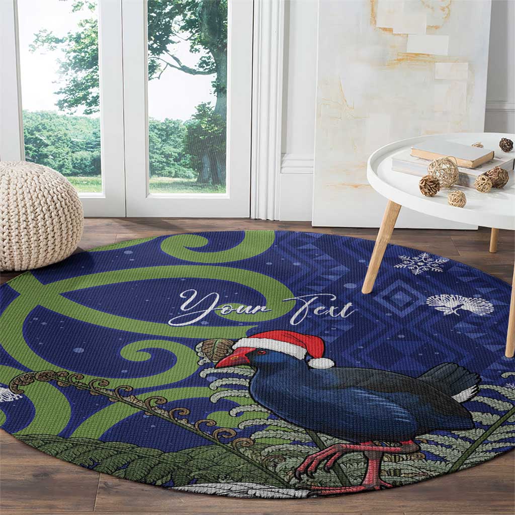 Personalized New Zealand Pukeko Christmas Round Carpet Meri Kirihimete Taniko Ponga Koru Blue - Polynesian Pride