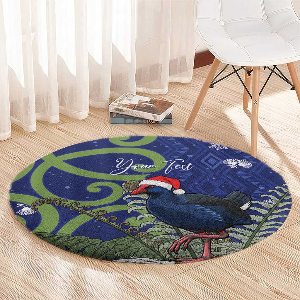 Personalized New Zealand Pukeko Christmas Round Carpet Meri Kirihimete Taniko Ponga Koru Blue - Polynesian Pride