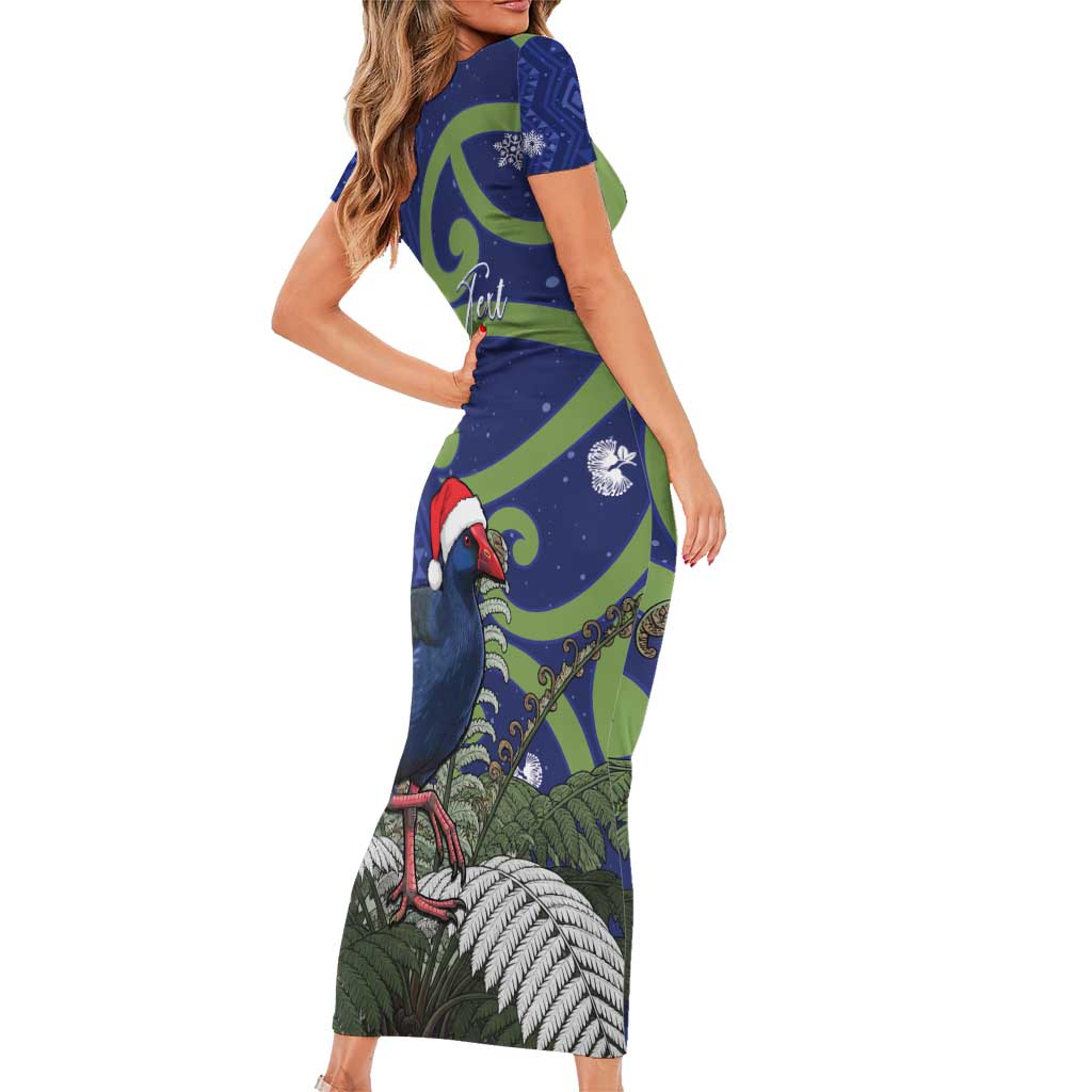 Personalized New Zealand Pukeko Christmas Short Sleeve Bodycon Dress Meri Kirihimete Taniko Ponga Koru Blue - Polynesian Pride