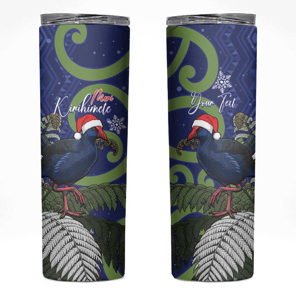 Personalized New Zealand Pukeko Christmas Skinny Tumbler Meri Kirihimete Taniko Ponga Koru Blue - Polynesian Pride
