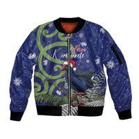Personalized New Zealand Pukeko Christmas Sleeve Zip Bomber Jacket Meri Kirihimete Taniko Ponga Koru Blue - Polynesian Pride