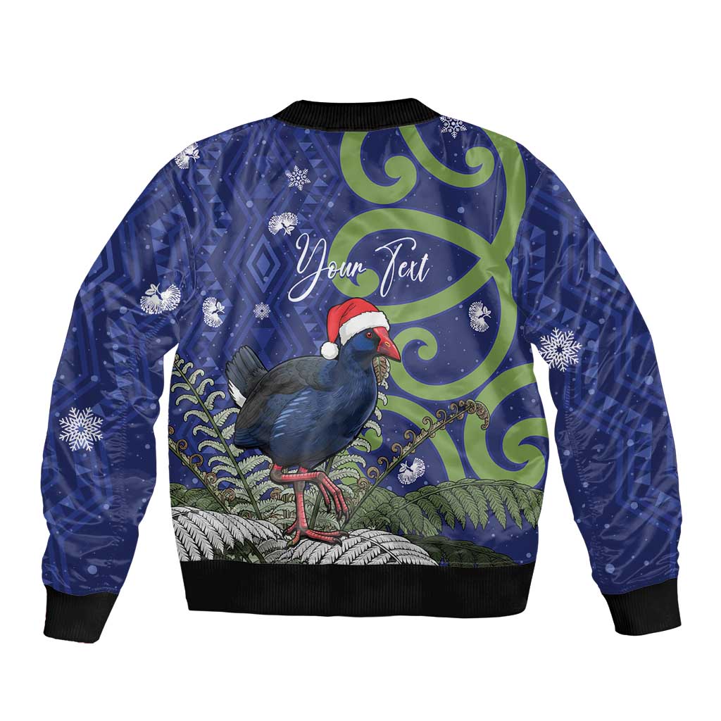 Personalized New Zealand Pukeko Christmas Sleeve Zip Bomber Jacket Meri Kirihimete Taniko Ponga Koru Blue - Polynesian Pride