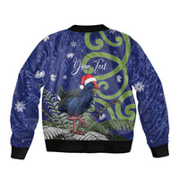 Personalized New Zealand Pukeko Christmas Sleeve Zip Bomber Jacket Meri Kirihimete Taniko Ponga Koru Blue - Polynesian Pride