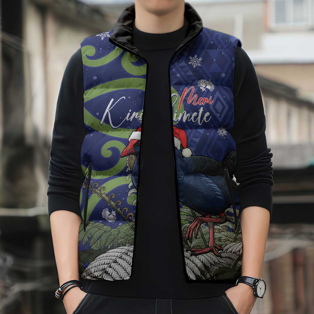 Personalized New Zealand Pukeko Christmas Sleeveless Puffer Jacket Meri Kirihimete Taniko Ponga Koru Blue - Polynesian Pride