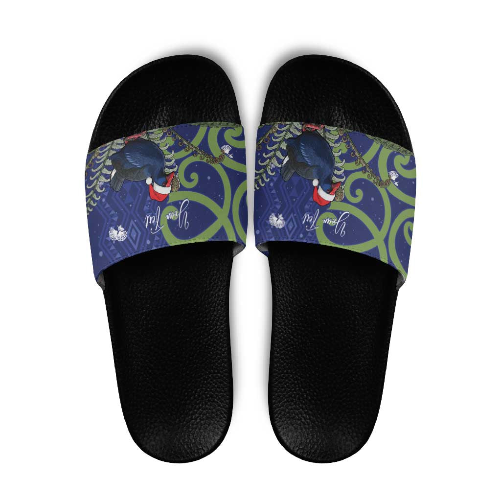 Personalized New Zealand Pukeko Christmas Slide Sandals Meri Kirihimete Taniko Ponga Koru Blue - Polynesian Pride