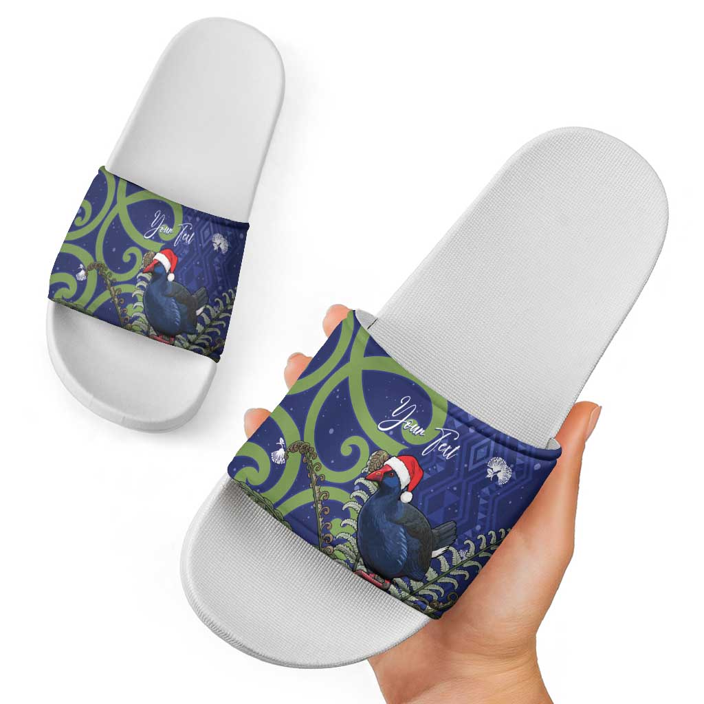 Personalized New Zealand Pukeko Christmas Slide Sandals Meri Kirihimete Taniko Ponga Koru Blue - Polynesian Pride