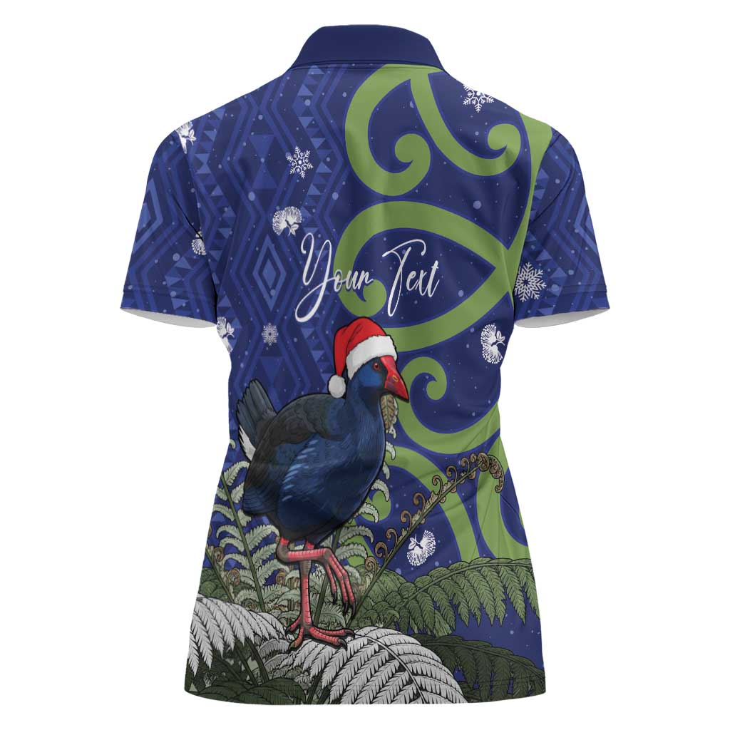 Personalized New Zealand Pukeko Christmas Women Polo Shirt Meri Kirihimete Taniko Ponga Koru Blue - Polynesian Pride