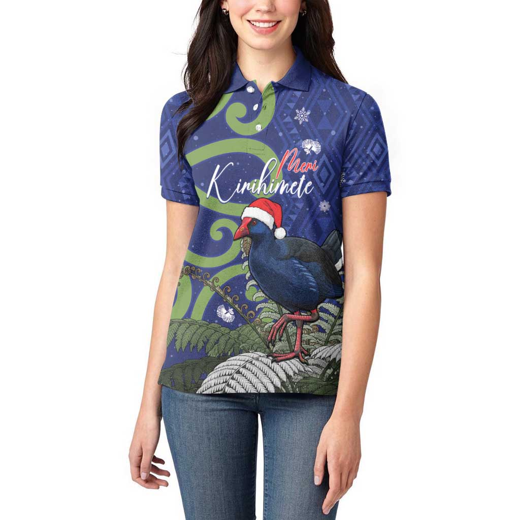 Personalized New Zealand Pukeko Christmas Women Polo Shirt Meri Kirihimete Taniko Ponga Koru Blue - Polynesian Pride