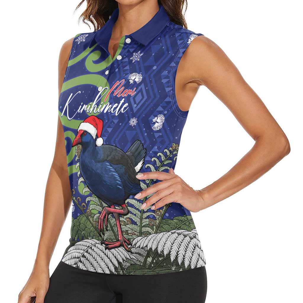 Personalized New Zealand Pukeko Christmas Women Sleeveless Polo Shirt Meri Kirihimete Taniko Ponga Koru Blue - Polynesian Pride