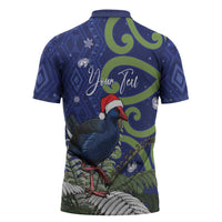 Personalized New Zealand Pukeko Christmas Zipper Polo Shirt Meri Kirihimete Taniko Ponga Koru Blue - Polynesian Pride