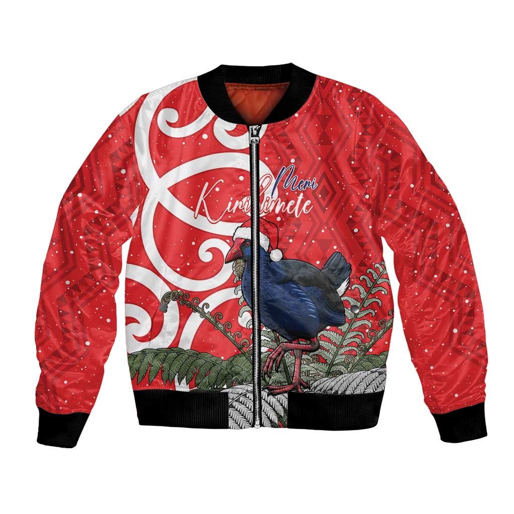 Personalized New Zealand Pukeko Christmas Bomber Jacket Meri Kirihimete Taniko Ponga Koru Red - Polynesian Pride