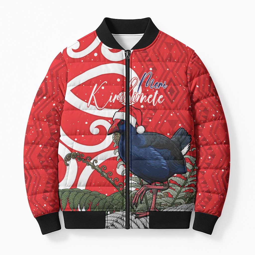 Personalized New Zealand Pukeko Christmas Bomber Puffer Jacket Meri Kirihimete Taniko Ponga Koru Red - Polynesian Pride