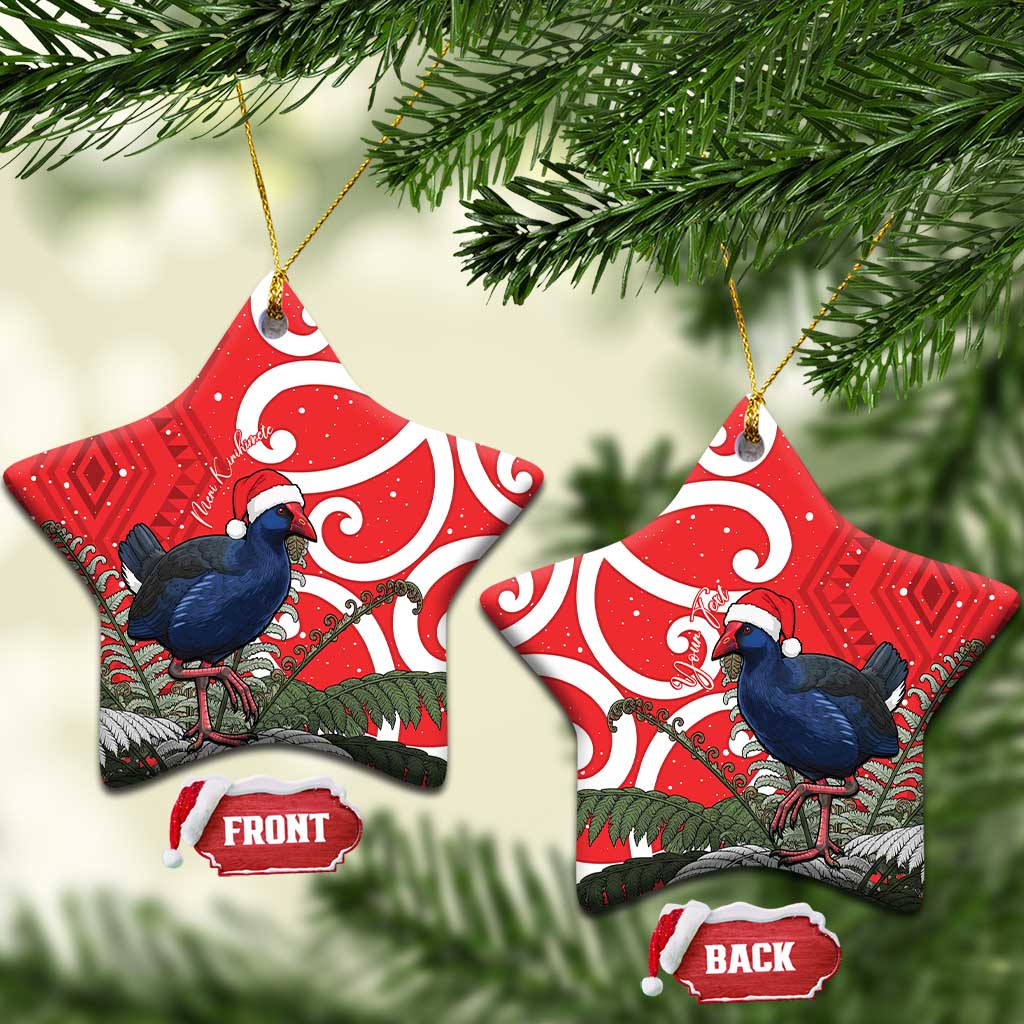 Personalized New Zealand Pukeko Christmas Ceramic Ornament Meri Kirihimete Taniko Ponga Koru Red - Polynesian Pride