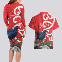 Personalized New Zealand Pukeko Christmas Couples Matching Long Sleeve Bodycon Dress and Hawaiian Shirt Meri Kirihimete Taniko Ponga Koru Red - Polynesian Pride