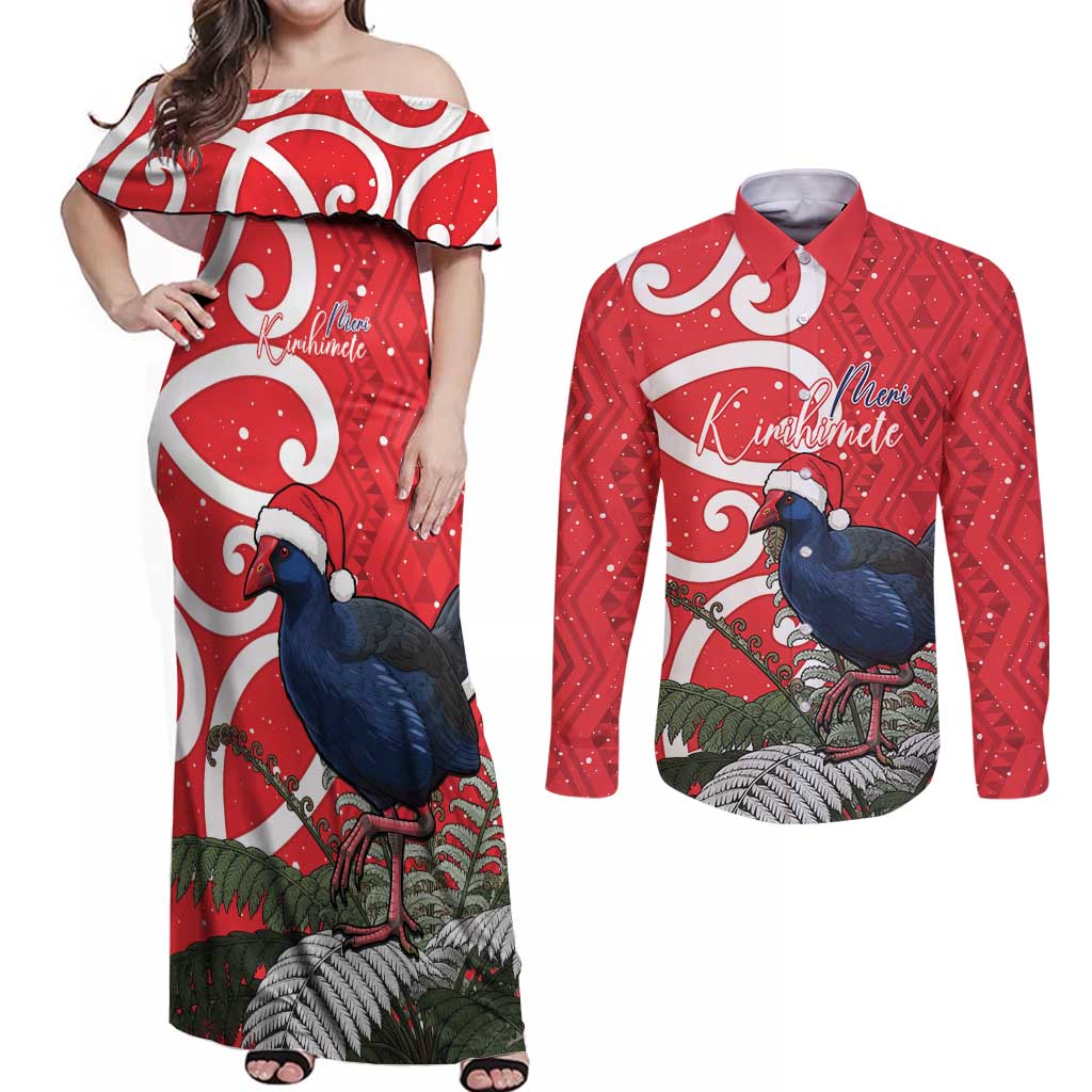Personalized New Zealand Pukeko Christmas Couples Matching Off Shoulder Maxi Dress and Long Sleeve Button Shirt Meri Kirihimete Taniko Ponga Koru Red - Polynesian Pride