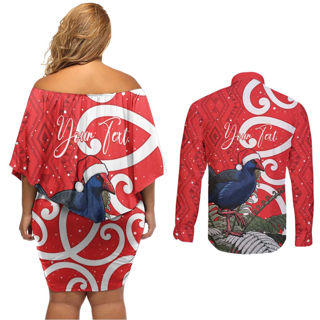 Personalized New Zealand Pukeko Christmas Couples Matching Off Shoulder Short Dress and Long Sleeve Button Shirt Meri Kirihimete Taniko Ponga Koru Red - Polynesian Pride