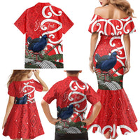 Personalized New Zealand Pukeko Christmas Family Matching Mermaid Dress and Hawaiian Shirt Meri Kirihimete Taniko Ponga Koru Red - Polynesian Pride