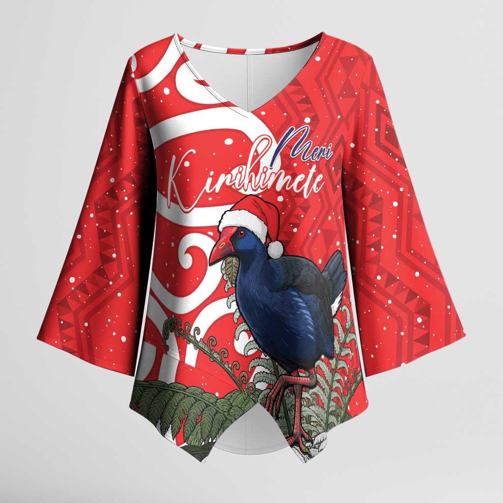 Personalized New Zealand Pukeko Christmas Kimono Sleeve Blouse Meri Kirihimete Taniko Ponga Koru Red - Polynesian Pride