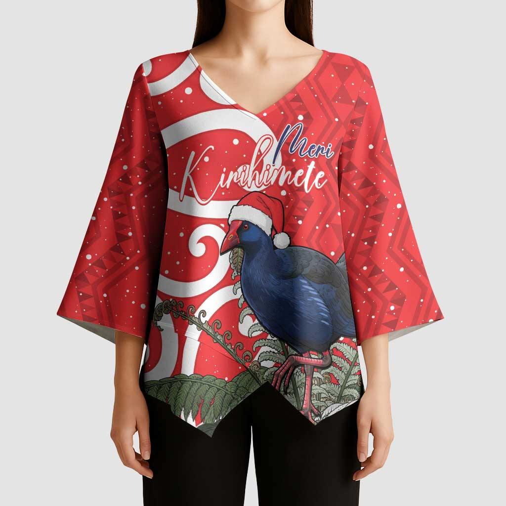 Personalized New Zealand Pukeko Christmas Kimono Sleeve Blouse Meri Kirihimete Taniko Ponga Koru Red - Polynesian Pride