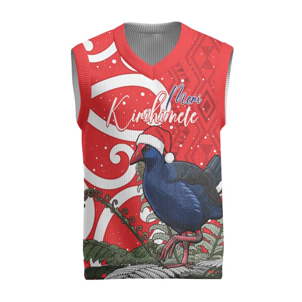Personalized New Zealand Pukeko Christmas Knitted V-Neck Vest Meri Kirihimete Taniko Ponga Koru Red - Polynesian Pride