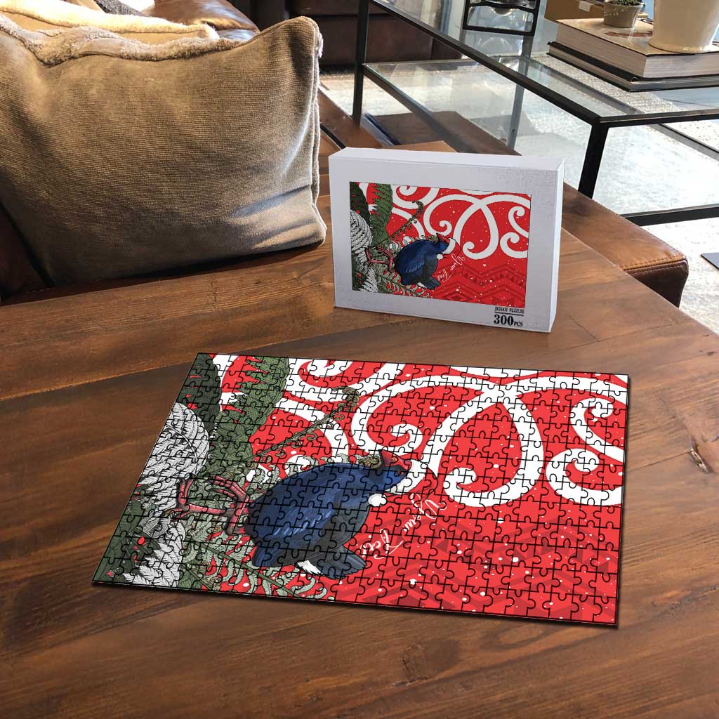Personalized New Zealand Pukeko Christmas Puzzle Meri Kirihimete Taniko Ponga Koru Red - Polynesian Pride