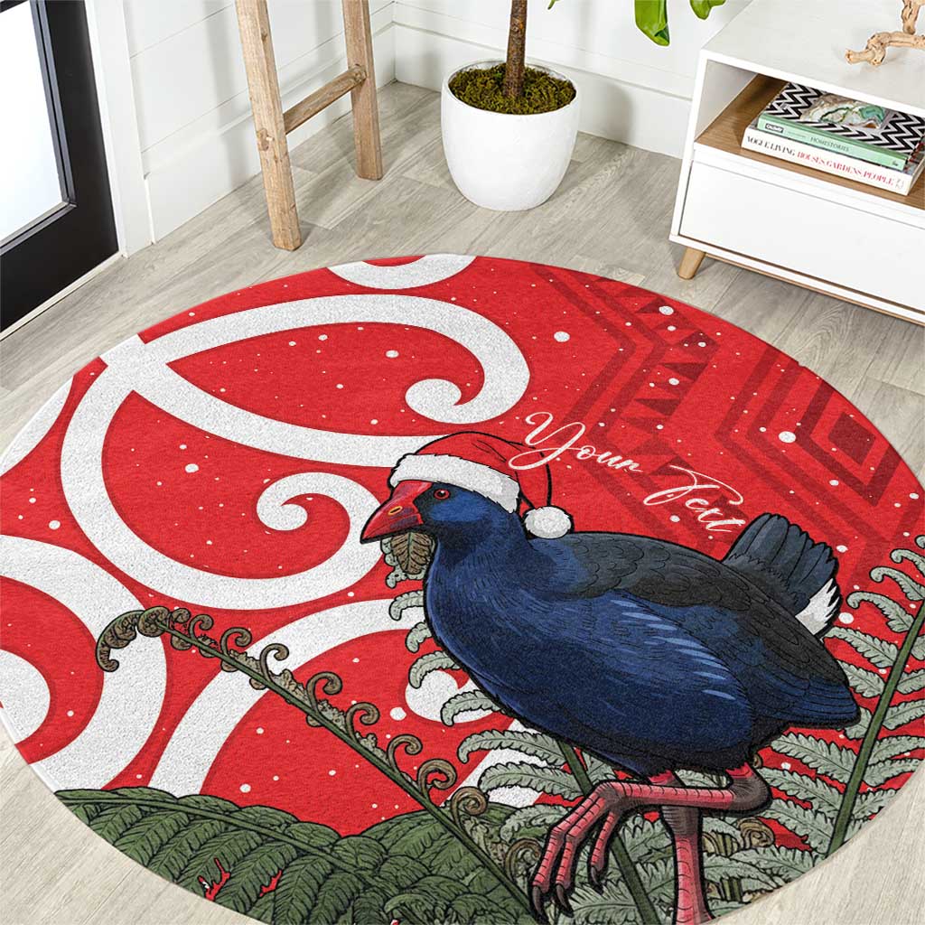 Personalized New Zealand Pukeko Christmas Round Carpet Meri Kirihimete Taniko Ponga Koru Red - Polynesian Pride