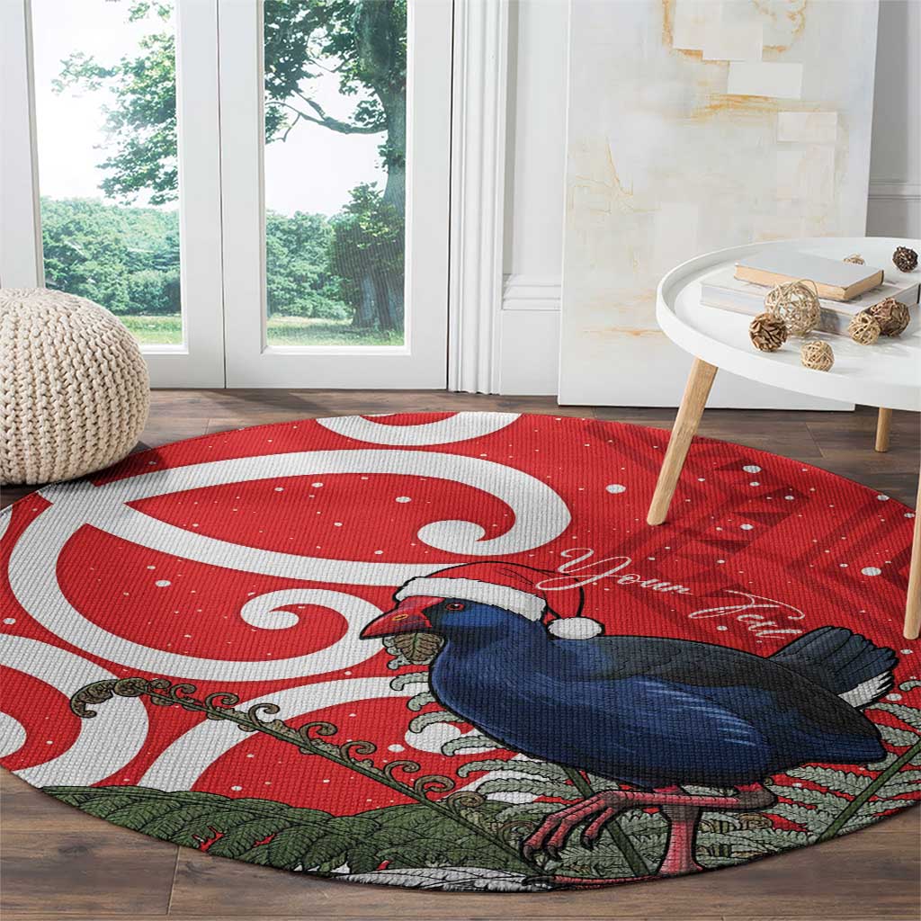 Personalized New Zealand Pukeko Christmas Round Carpet Meri Kirihimete Taniko Ponga Koru Red - Polynesian Pride