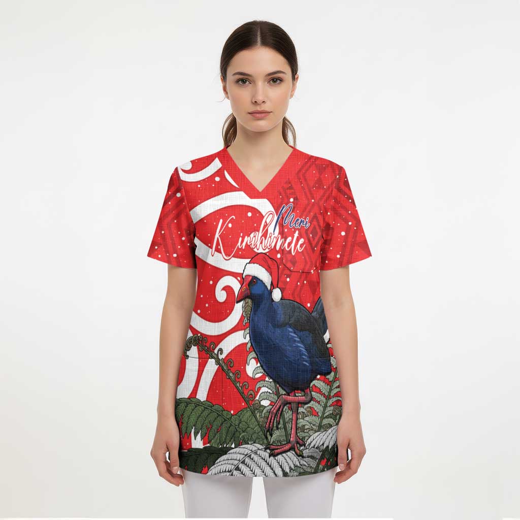 Personalized New Zealand Pukeko Christmas Scrub Top Meri Kirihimete Taniko Ponga Koru Red - Polynesian Pride