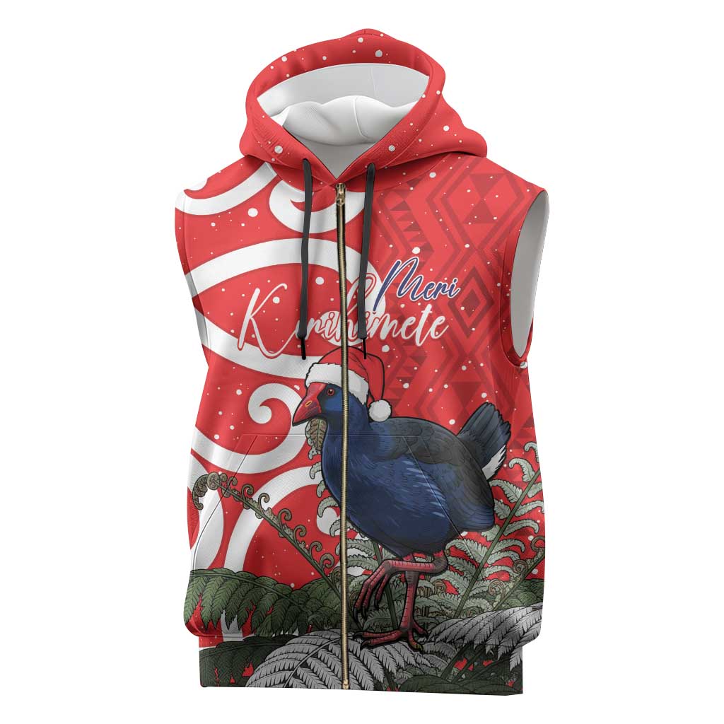 Personalized New Zealand Pukeko Christmas Sleeveless Zip Hoodie Meri Kirihimete Taniko Ponga Koru Red - Polynesian Pride