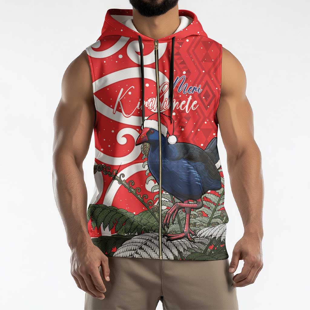 Personalized New Zealand Pukeko Christmas Sleeveless Zip Hoodie Meri Kirihimete Taniko Ponga Koru Red - Polynesian Pride