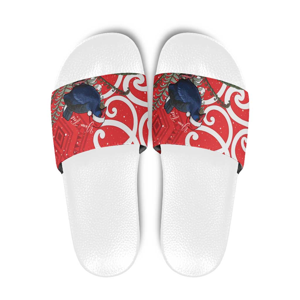 Personalized New Zealand Pukeko Christmas Slide Sandals Meri Kirihimete Taniko Ponga Koru Red - Polynesian Pride